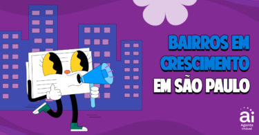 ilustração com personagem em formato de postal que caminha segurando megafone com a legenda 'bairros em crescimento em são paulo' com cidade ao fundo