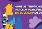 Ilustração de tendências do mercado imobiliário no Rio de Janeiro em 2025, com casas, gráfico e personagem mascote animado. Informação relevante para quem busca investir no setor imobiliário na cidade.