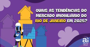 Ilustração de tendências do mercado imobiliário no Rio de Janeiro em 2025, com casas, gráfico e personagem mascote animado. Informação relevante para quem busca investir no setor imobiliário na cidade.